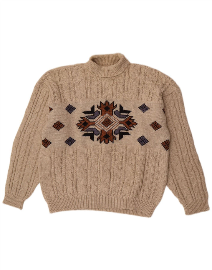 Maglione maglione vintage da uomo con collo alto beige medio geometrico