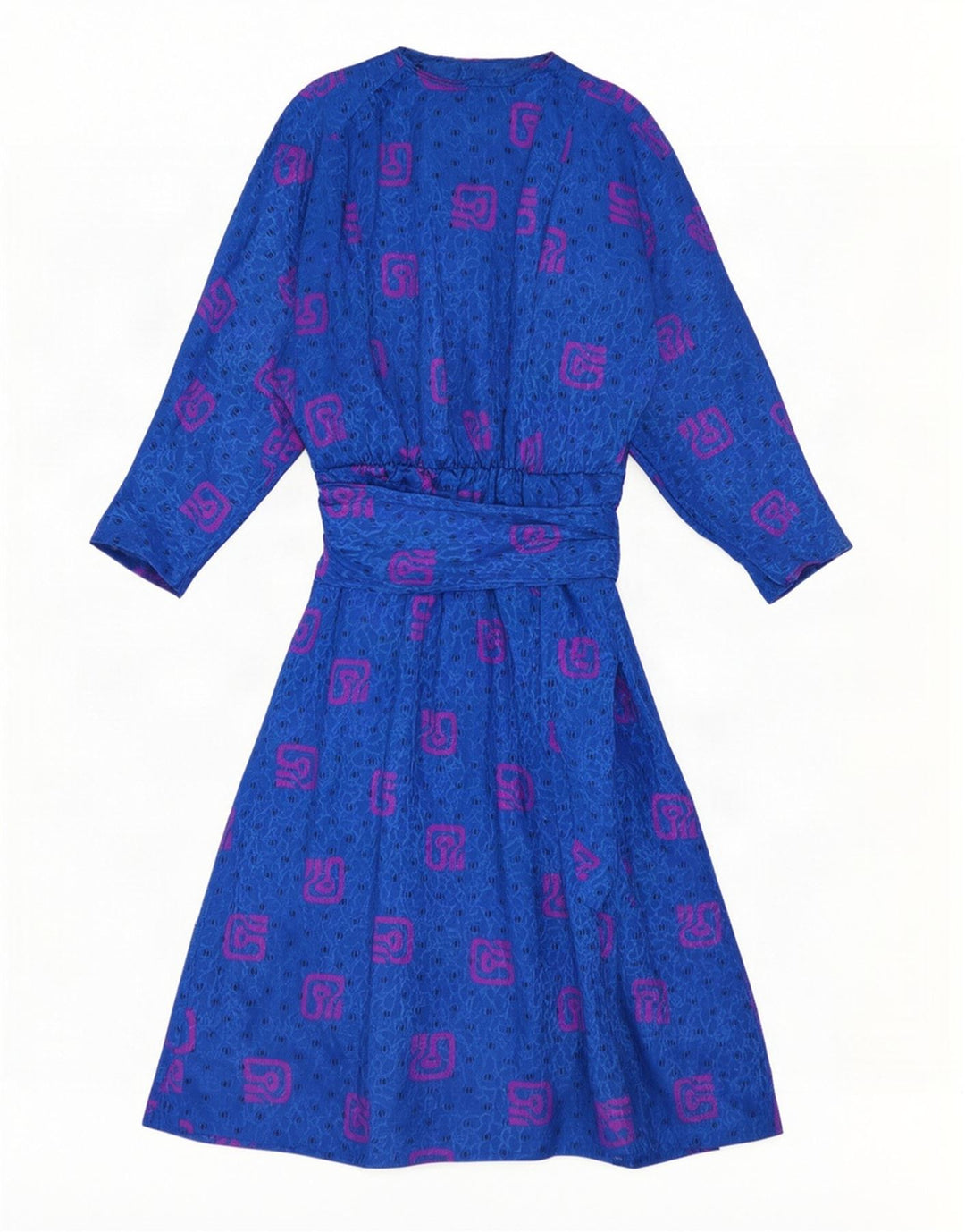Abito lungo a maniche lunghe da donna vintage con motivo astratto UK 10 piccolo blu