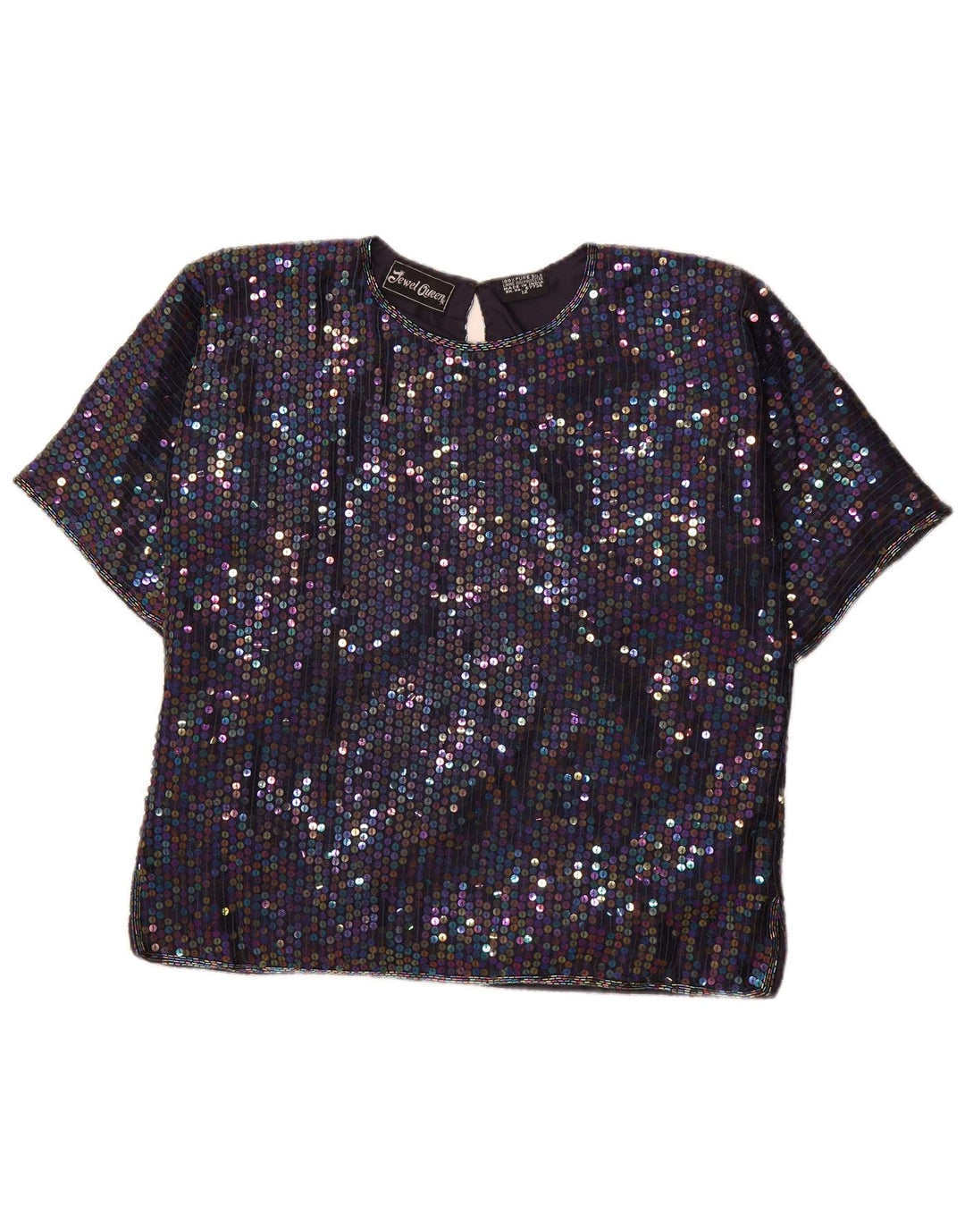 JEWEL QUEEN Womens Sequin Blouse Top UK 12 Medium  Navy Blue Silk