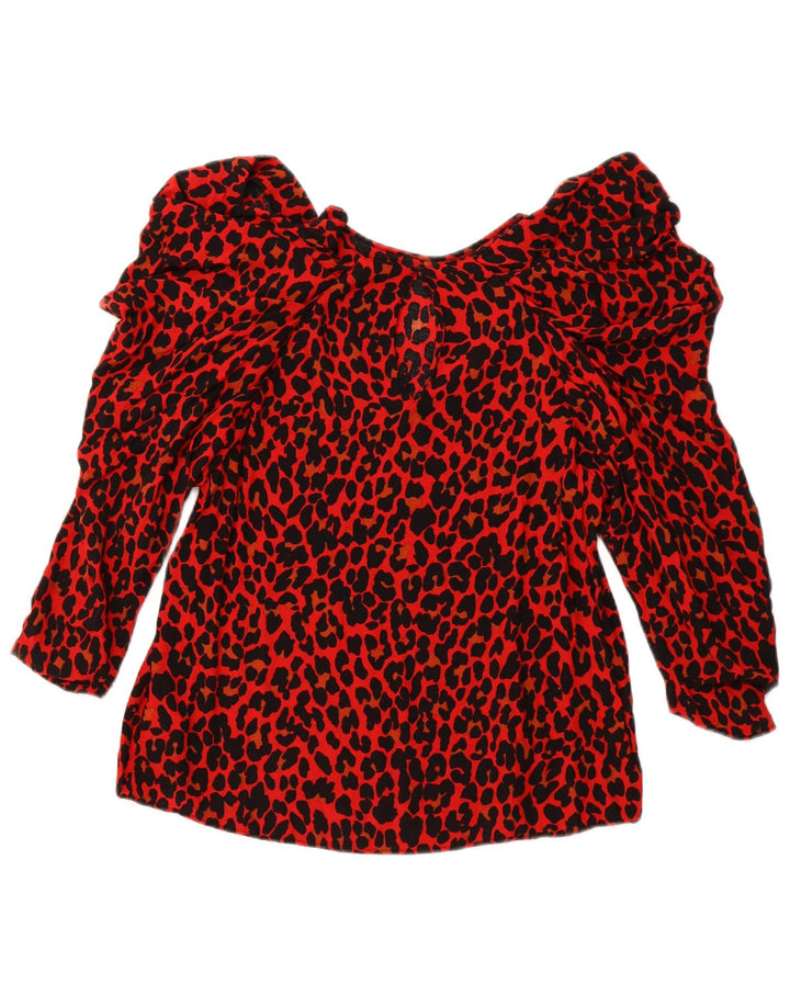 ZARA Camicetta da Donna con Maniche a 3/4 Top UK 10 Piccola Stampa Animalier Rossa