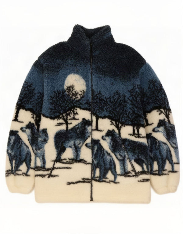 Giacca in pile grafica vintage da uomo UK 40 grande stampa animalier blu navy