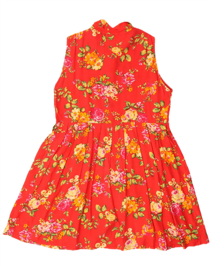 Abito a trapezio senza maniche da donna VINTAGE UK 12 rosso medio floreale