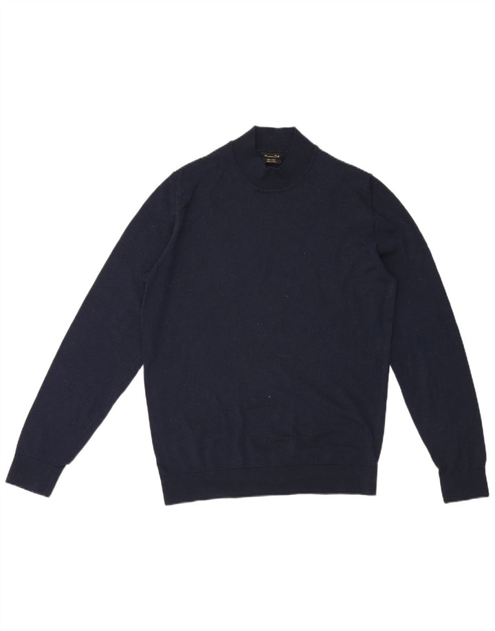 Massimo Dutti Maglione da uomo con collo alto e maglione grande in lana merino blu navy