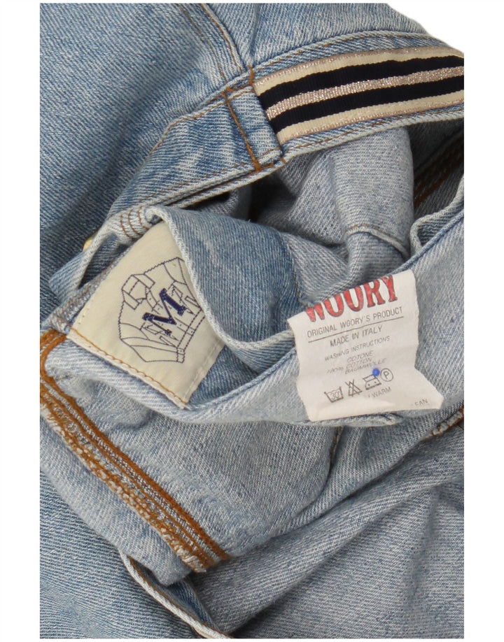 Giacca di jeans corta con grafica vintage da donna UK 14 cotone blu medio
