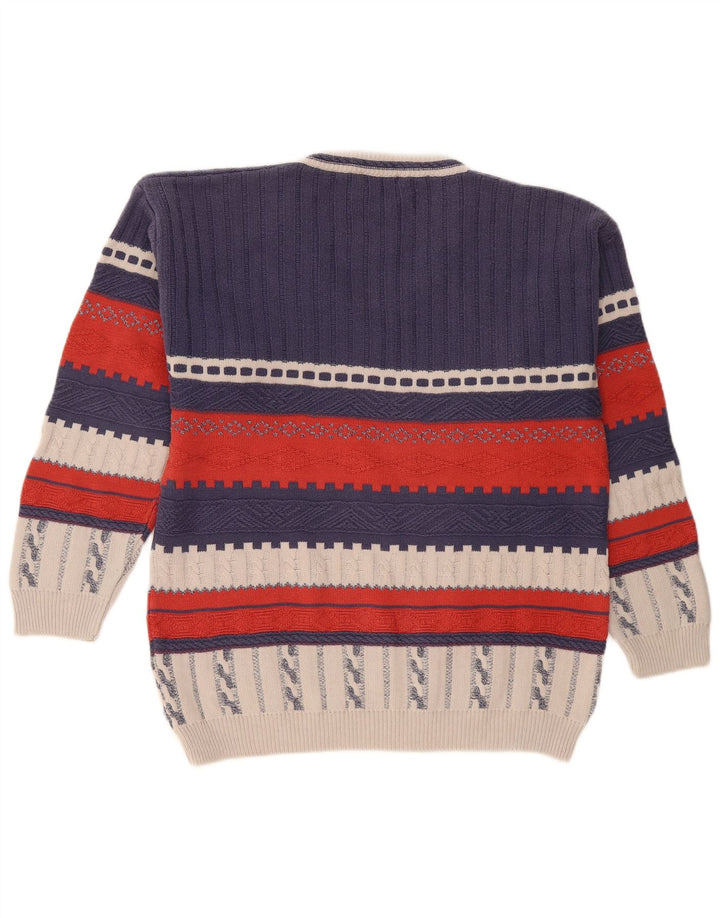 Maglione vintage da uomo con scollo a V piccolo color block blu navy