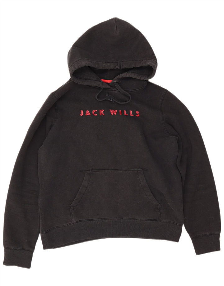 JACK WILLS Felpa con cappuccio grafica da donna UK 14 Grande cotone nero