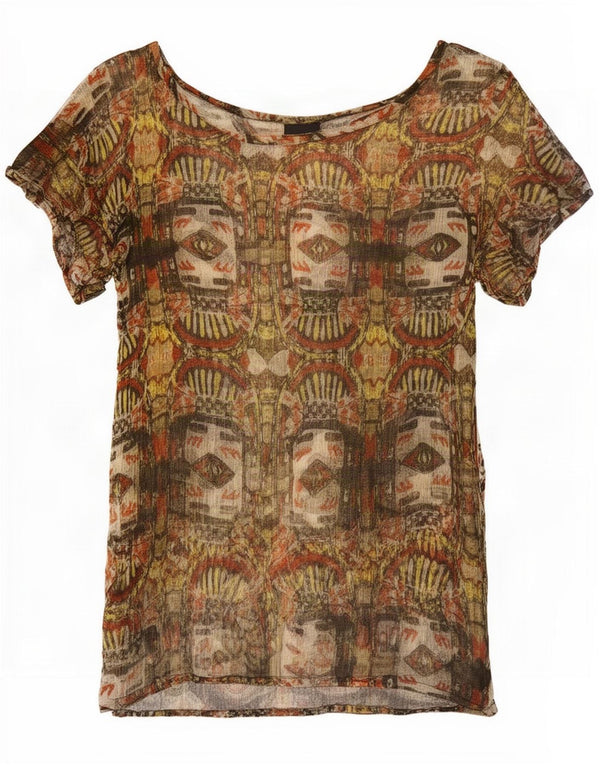 Desigual Donna Abstract Pattern Camicetta Top UK 8 Small Khaki Viscosa