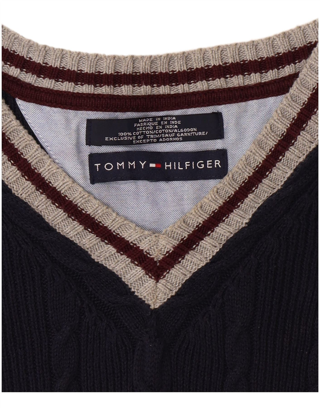 TOMMY HILFIGER Maglione da uomo con scollo a V XL in cotone color block blu navy