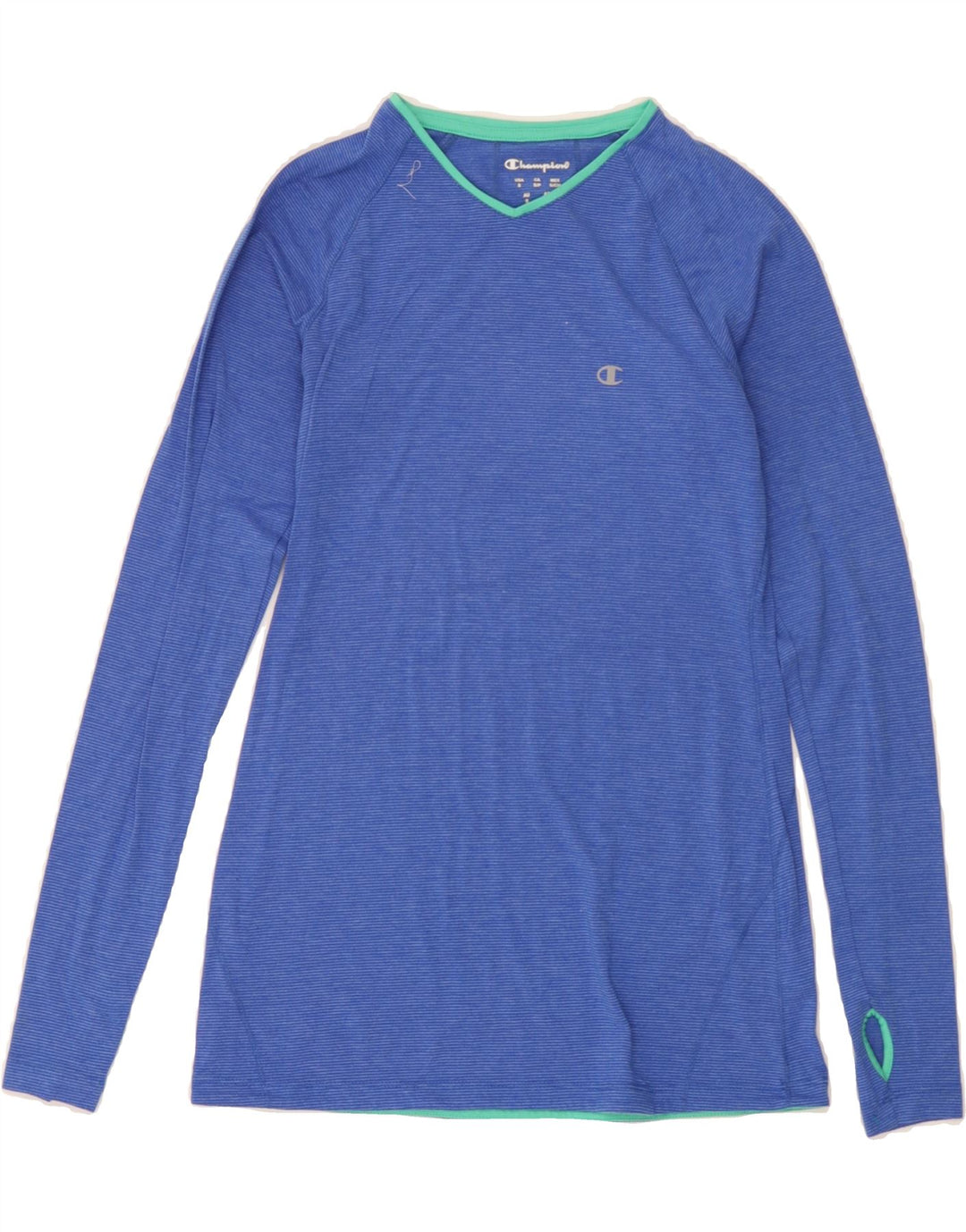CHAMPION Mens Top Long Sleeve Small Blue Pinstripe Polyester Vintage Champion and Second-Hand Champion from Messina Hembry 