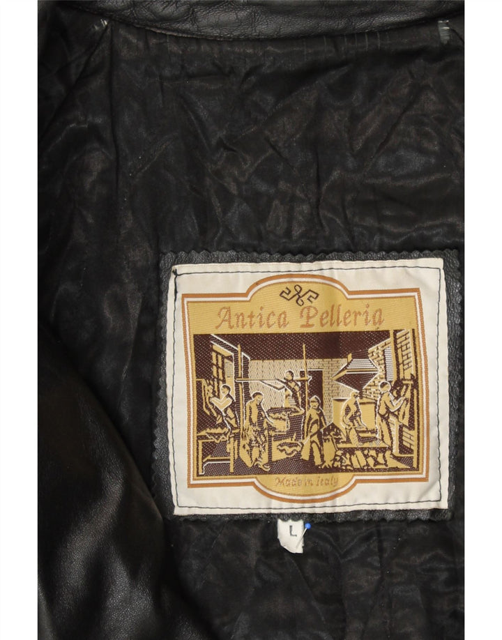 ANTICA PELLERIA Cappotto doppiopetto da donna UK 16 Grande pelle nera