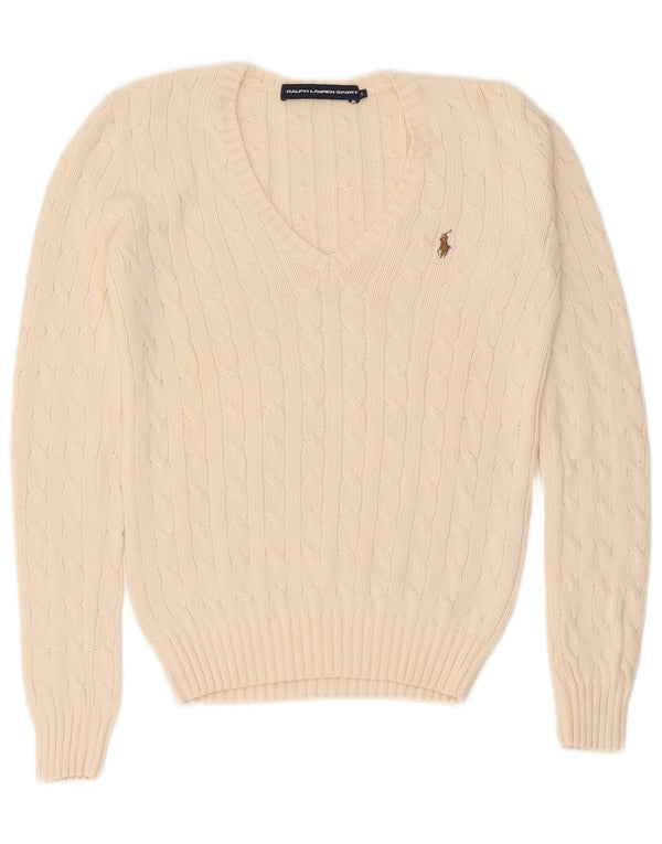 Maglione maglione con scollo a V da donna Ralph Lauren UK 10 piccolo cotone bianco sporco