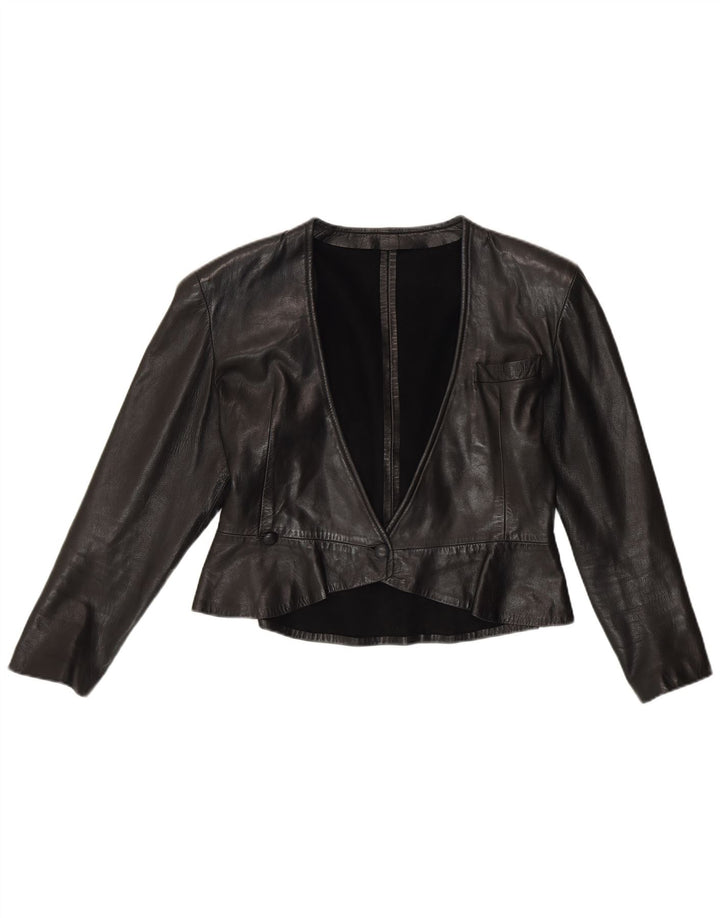 Giacca Bolero in pelle vintage da donna UK 12 media nera