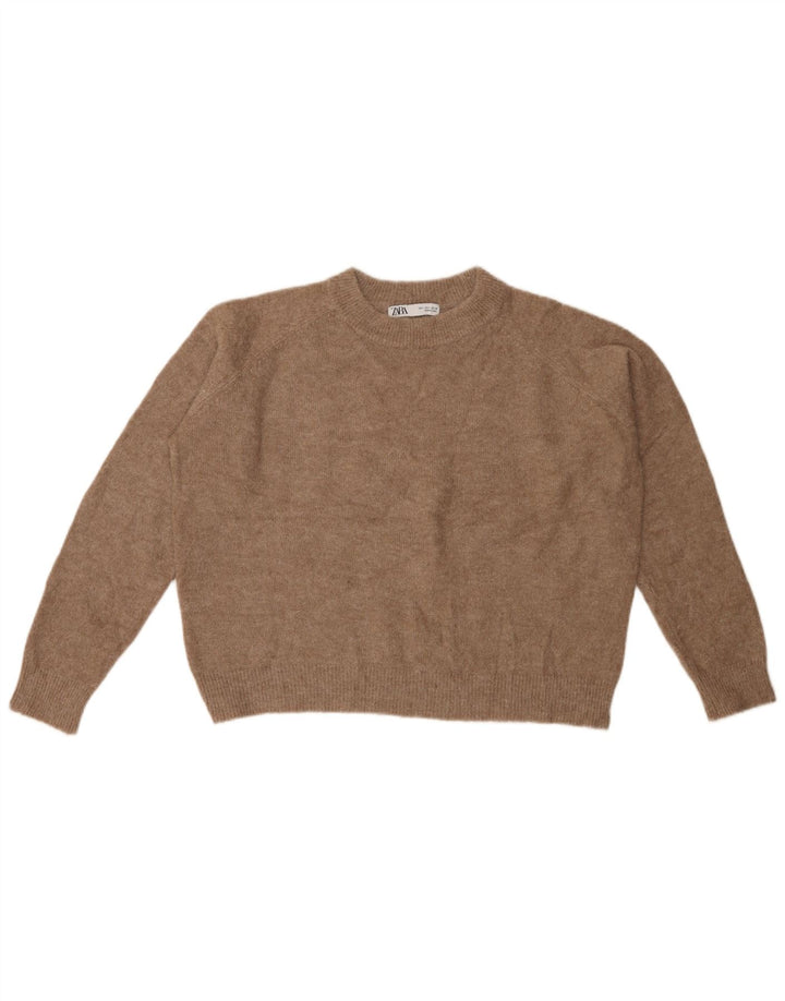 Maglione girocollo corto da donna ZARA UK 16 grande nylon marrone