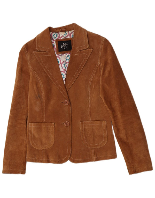 Giacca blazer in pelle scamosciata da donna a 2 bottoni Gipsy UK 10 piccola in pelle marrone