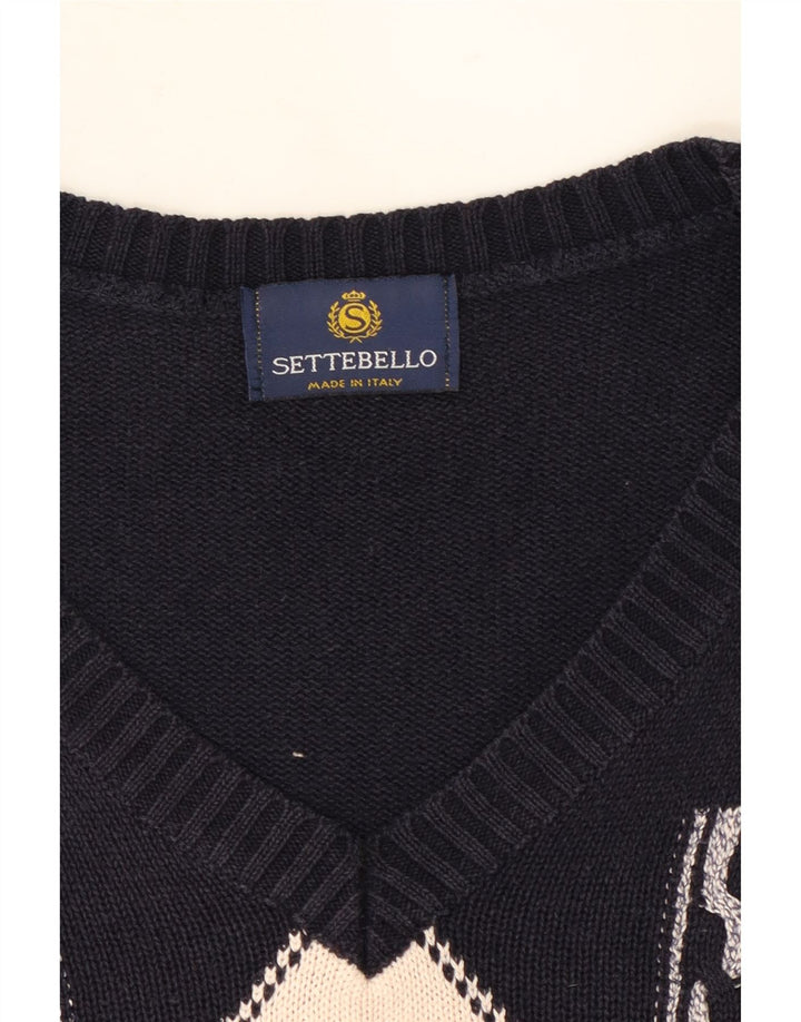 SETTEBELO Mens V-Neck Jumper Sweater Large Navy Blue Argyle/Diamond Cotton Vintage Settebelo and Second-Hand Settebelo from Messina Hembry 