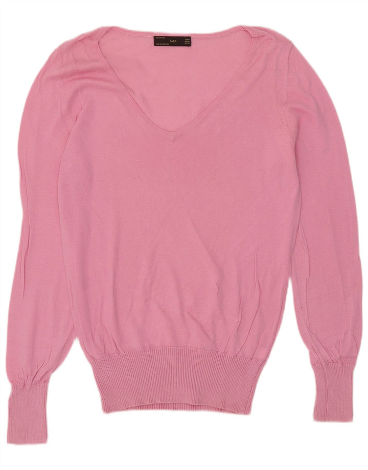 Maglione maglione con scollo a V da donna Zara UK 14 cotone rosa medio
