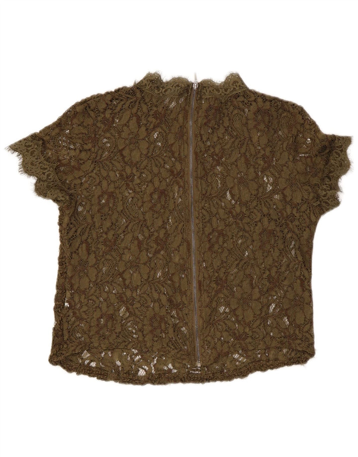 Top Zara da donna in camicetta trasparente in pizzo UK 8 piccolo kaki