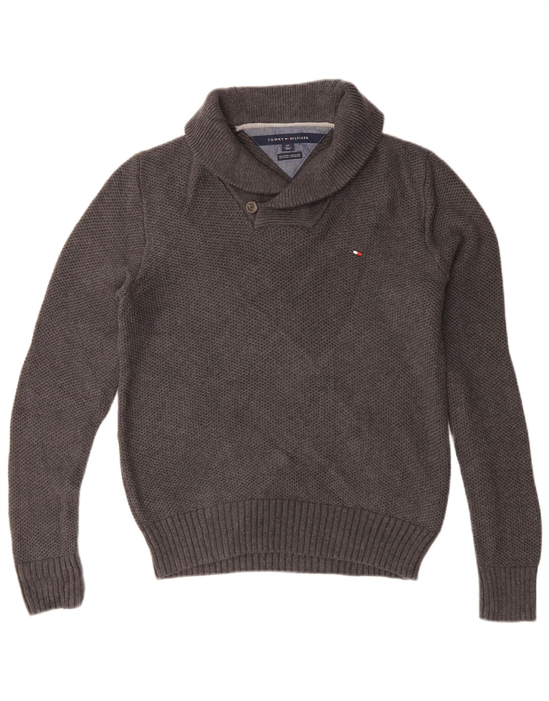 TOMMY HILFIGER Mens Shawl Neck Jumper Sweater Small Grey Cotton