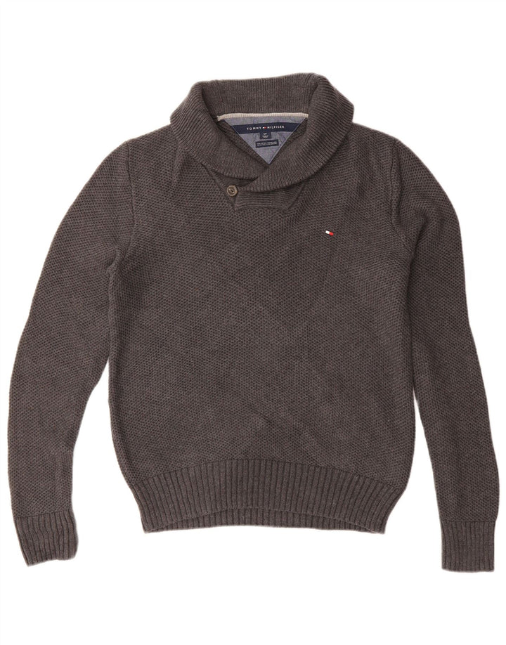 TOMMY HILFIGER Mens Shawl Neck Jumper Sweater Small Grey Cotton