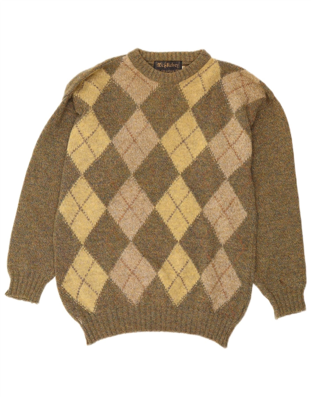 Maglione maglione girocollo da uomo vintage UK 40 medio kaki a rombi/diamante