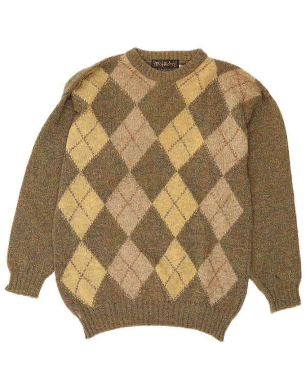 Maglione maglione girocollo da uomo vintage UK 40 medio kaki a rombi/diamante