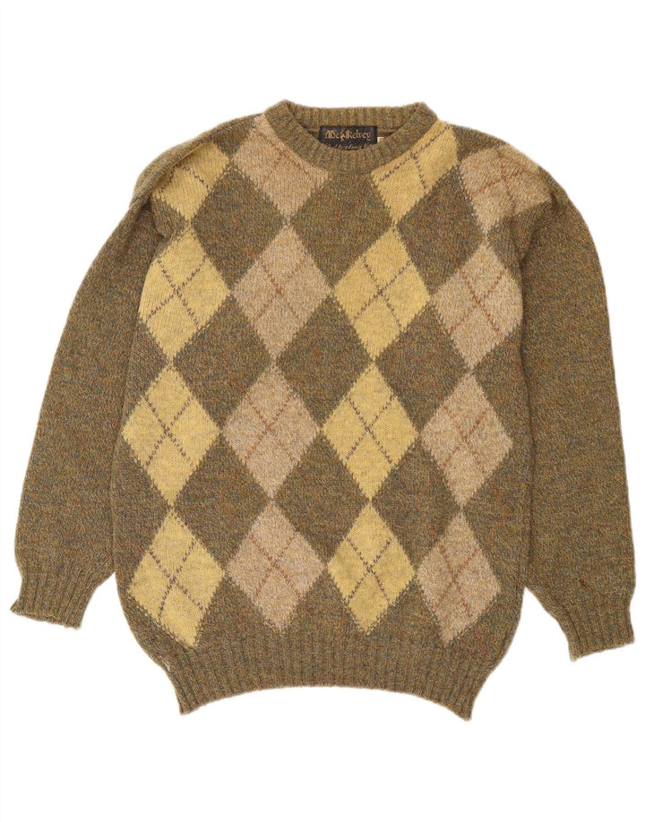 Maglione maglione girocollo da uomo vintage UK 40 medio kaki a rombi/diamante