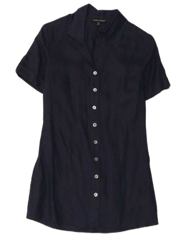 Laura Ashley Abito camicia a maniche corte da donna UK 8 Piccolo lino blu navy
