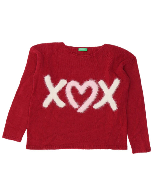 Maglione per ragazze Benetton con scollo a barca con grafica 10-11 anni XL acrilico rosso