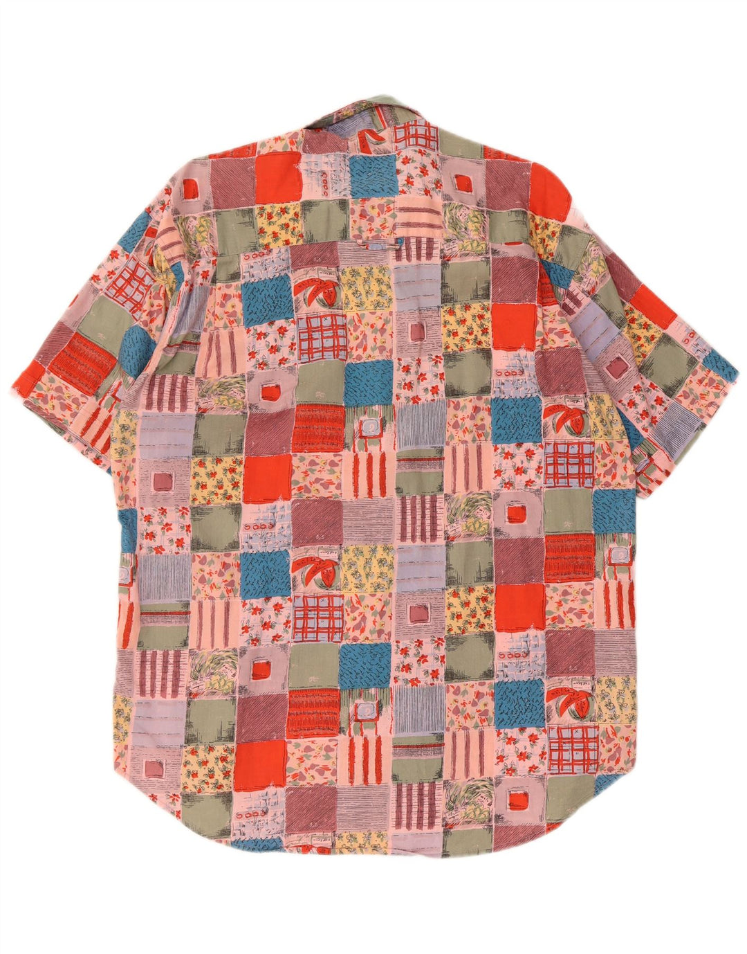 Camicia vintage da uomo a maniche corte XL in cotone patchwork multicolore