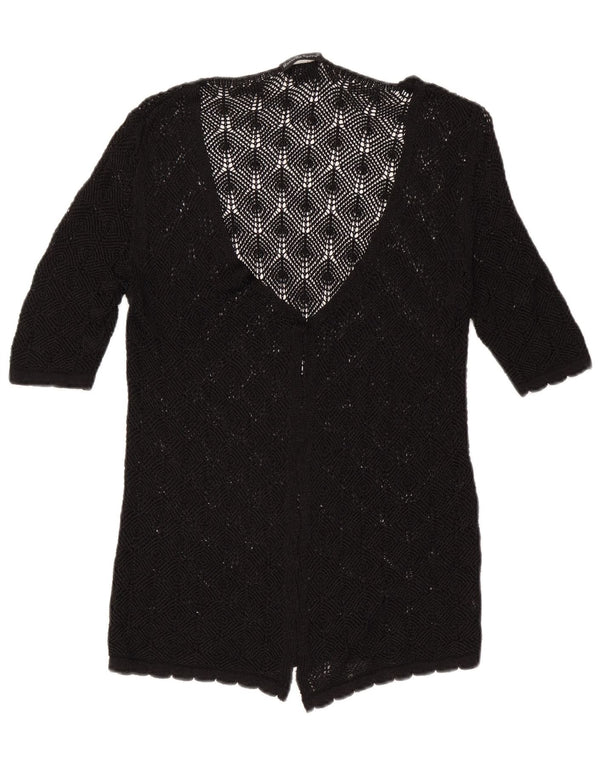 Maglione cardigan all'uncinetto trasparente da donna vintage UK 14 medio nero