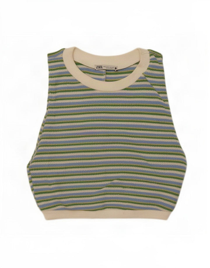 Top corto senza maniche da donna Zara UK 12 medio a righe multicolore