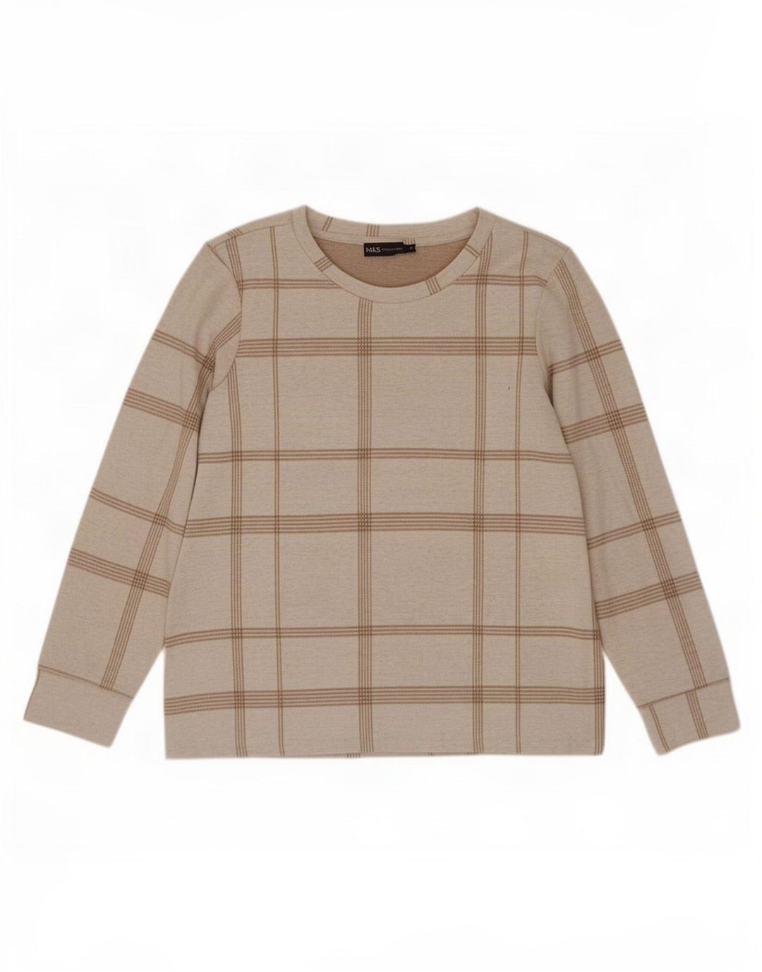 Marks & Spencer Top da donna a maniche lunghe UK 12 Poliestere scozzese beige medio