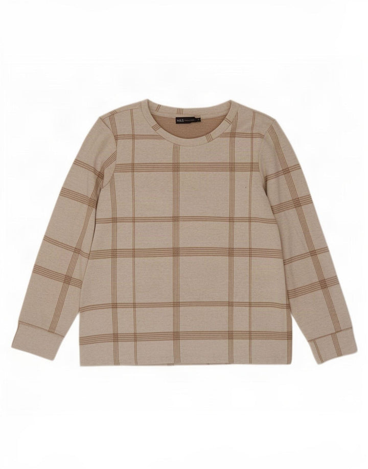 Marks & Spencer Top da donna a maniche lunghe UK 12 Poliestere scozzese beige medio