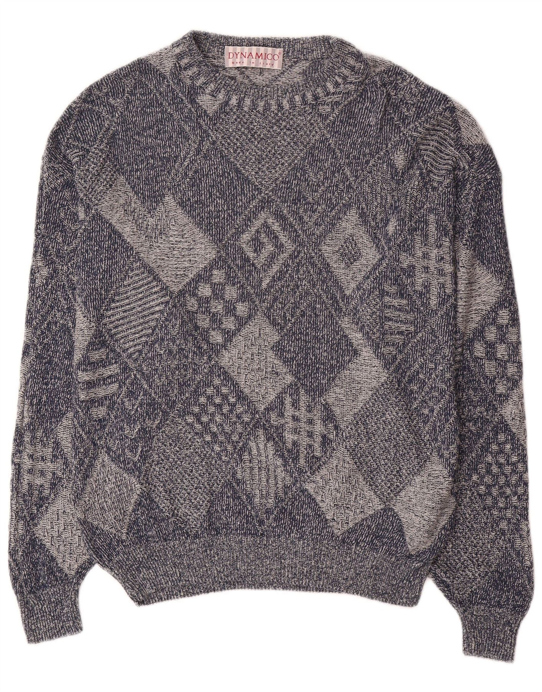 Maglione vintage da uomo con scollo a barca IT 48 Cotone geometrico blu medio