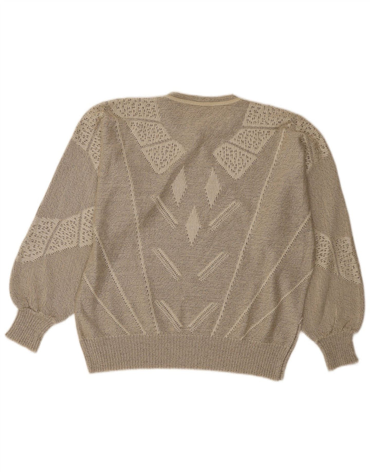 Maglione da donna vintage con collo a bottoni, UK 14, grande grigio geometrico