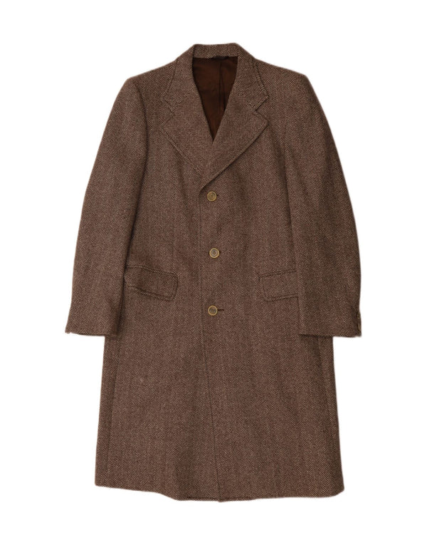 Vintage Mens Overcoat UK 36 Small Brown Herringbone Virgin Wool