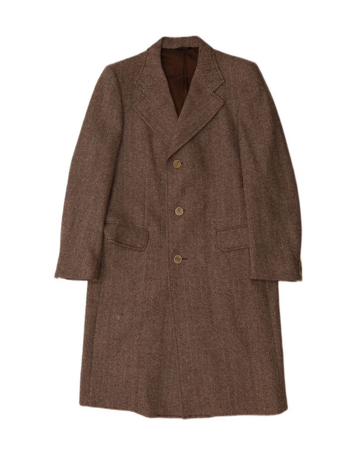 Soprabito vintage da uomo UK 36 piccolo marrone a spina di pesce in lana vergine