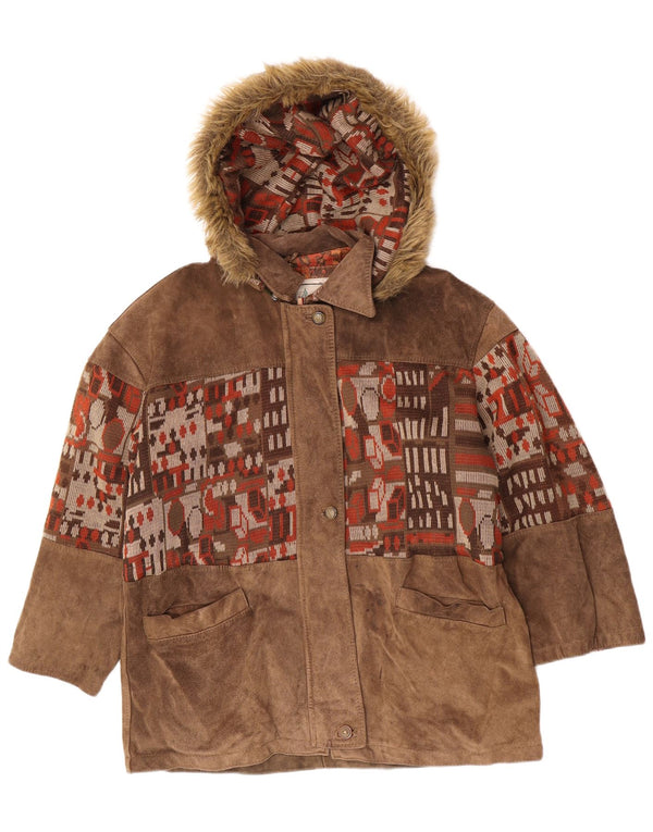 Cappotto vintage da donna oversize in pelle scamosciata con giacca a vento IT 46 Large Beige geometrico