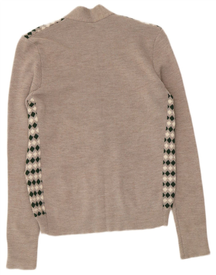 Maglione cardigan da donna vintage UK 8 piccolo beige geometrico