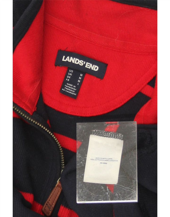 LANDS END Mens Zip Neck Jumper Sweater Medium Navy Blue Striped Cotton Vintage Lands End and Second-Hand Lands End from Messina Hembry 