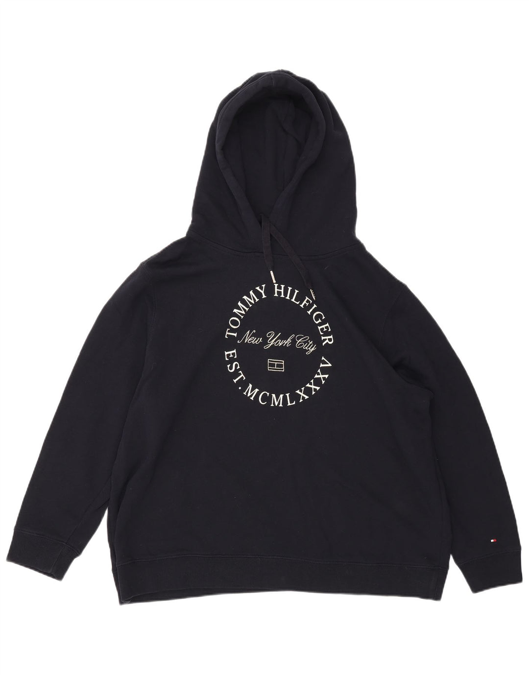 TOMMY HILFIGER Maglione con cappuccio grafico da donna UK 22 3XL Cotone blu navy