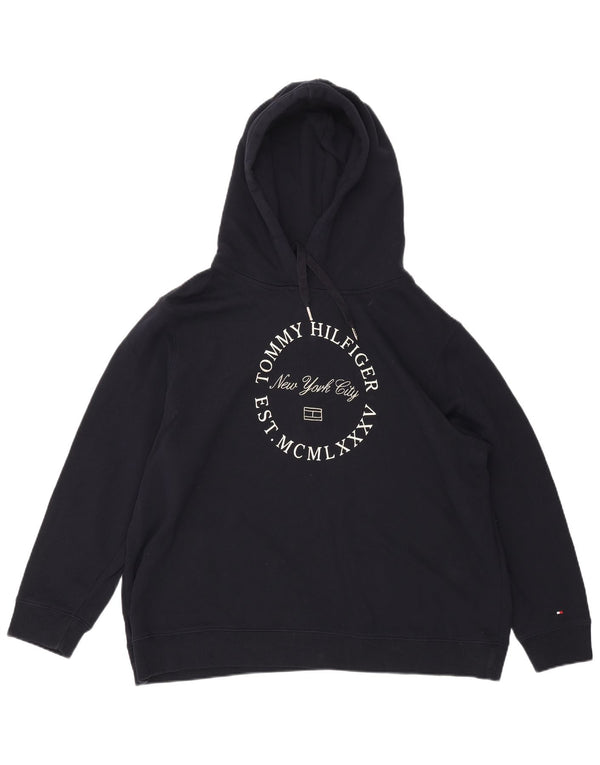 TOMMY HILFIGER Maglione con cappuccio grafico da donna UK 22 3XL Cotone blu navy