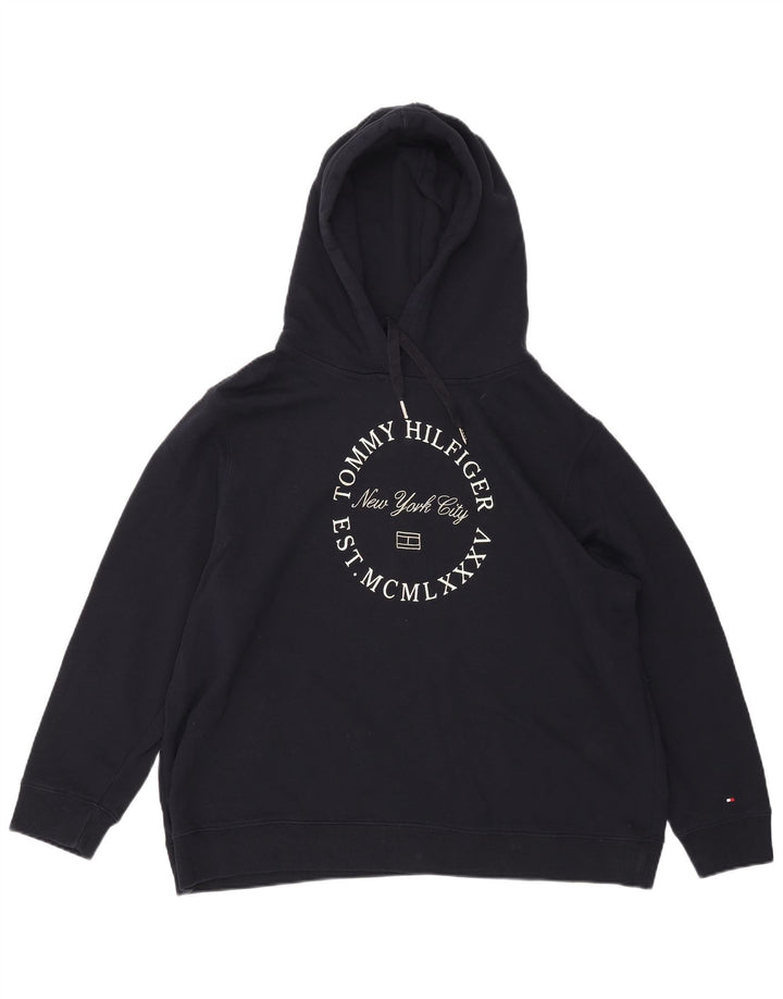 TOMMY HILFIGER Maglione con cappuccio grafico da donna UK 22 3XL Cotone blu navy