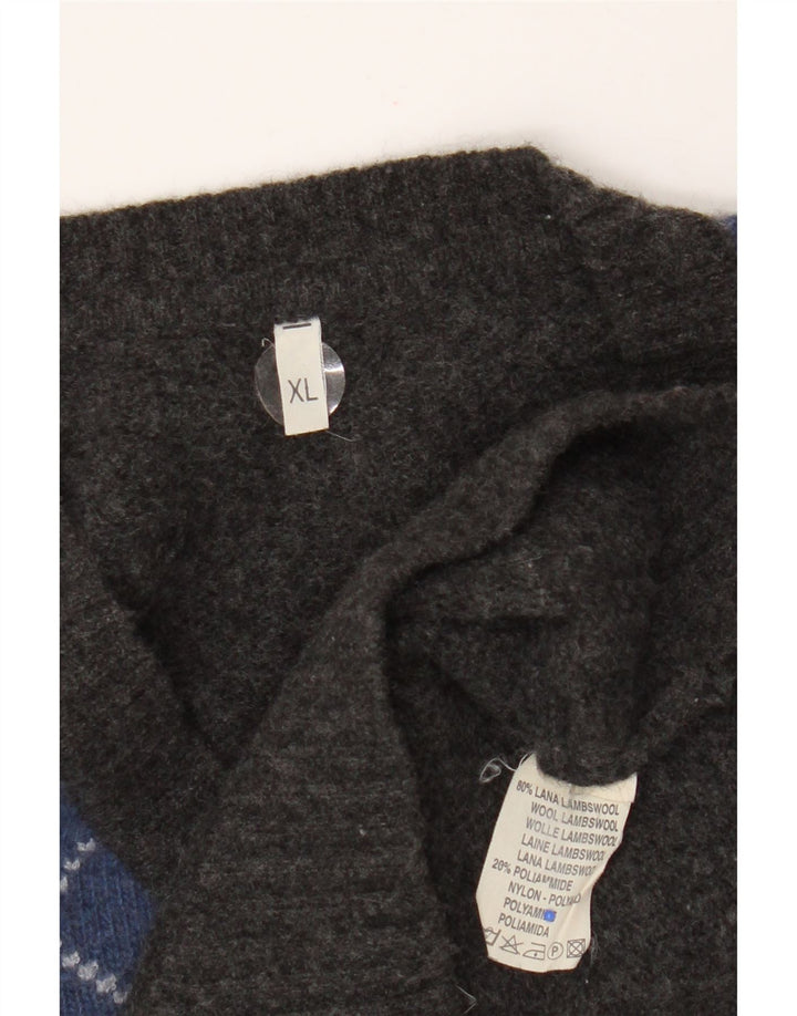 Maglione vintage da uomo con scollo a V XL Grigio Argyle/Diamond Lambswool