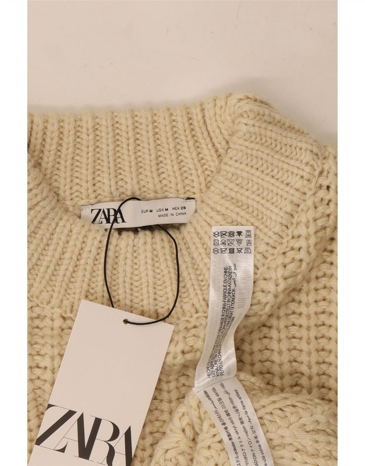 ZARA Maglione Corto da Donna con Collo Dolcevita UK 14 Poliestere Beige Medio