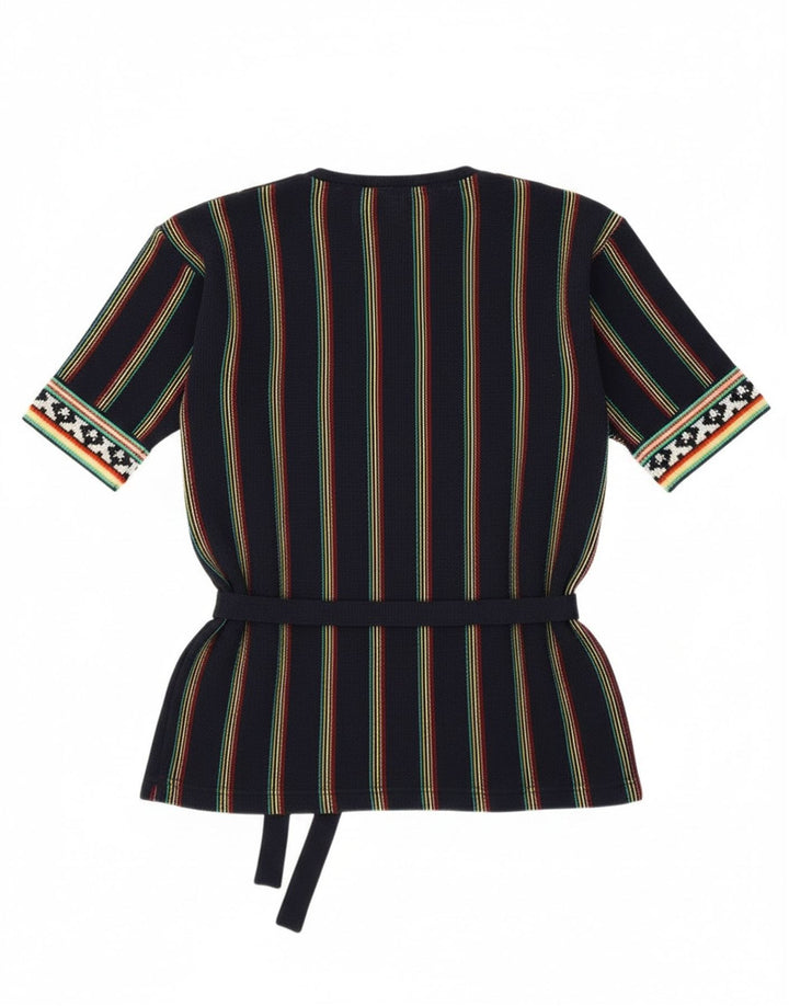 Maglione vintage da donna con scollo a V UK 12 medio blu navy a righe retrò