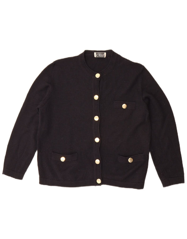 Maglione cardigan oversize da donna vintage UK 10 piccolo lana blu navy