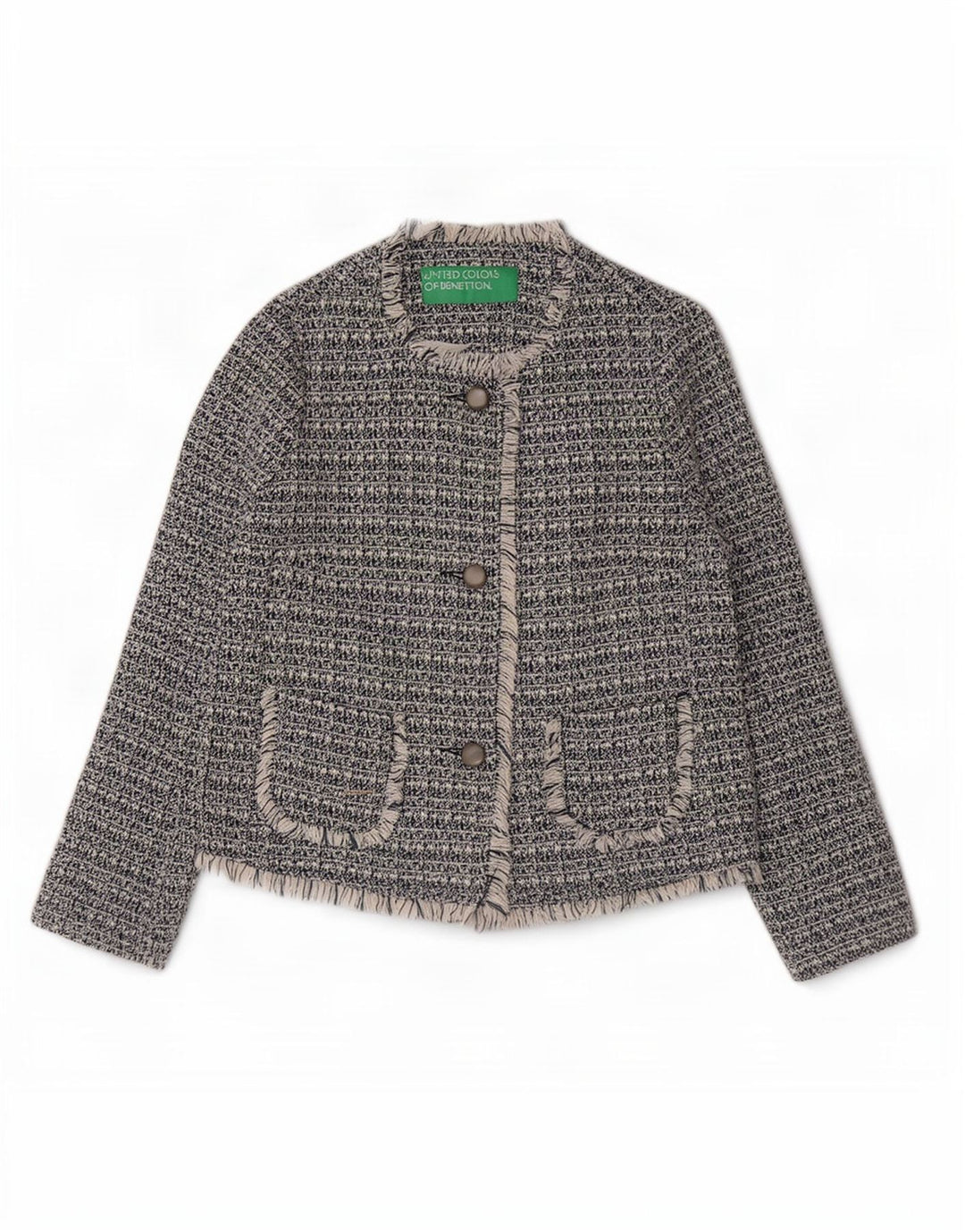 Giacca blazer da donna a 3 bottoni Benetton UK 8 piccola in cotone screziato blu navy
