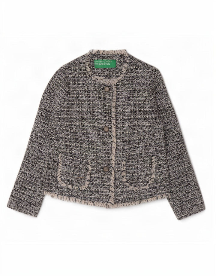 Giacca blazer da donna a 3 bottoni Benetton UK 8 piccola in cotone screziato blu navy
