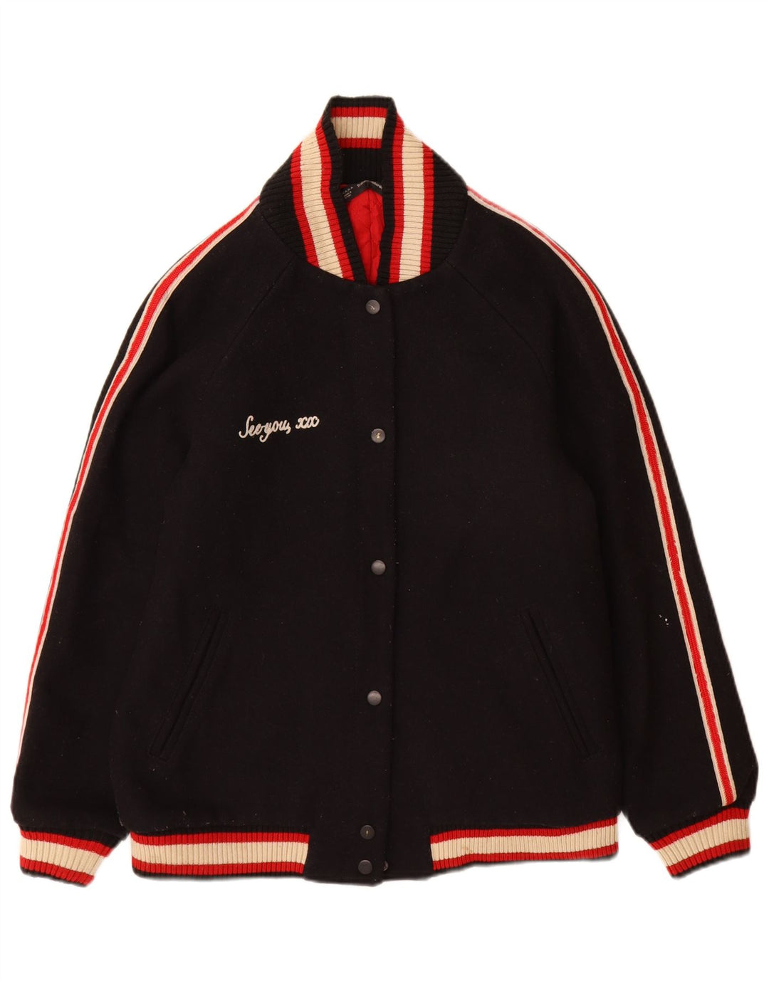 Giacca Varsity grafica da donna Zara Trafaluc UK 16 Large Black Colourblock